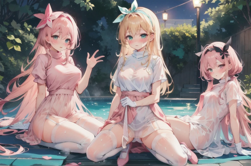 Full body depiction on screen, Glaring Eyes Showing disgust Blonde Long Hair anime Romanesque style Super Curly Hair Super long sideburns Wet and transparent salmon pink turtleneck wedding dress cuteポージング Pool at night Droopy eyes Ribbon headband 天蓋付きのcuteベッド Aqua Blue Rubber Sheets Aqua Blue Rubber Bed Sitting Sad face Embarrassing Blushing Wet and see-through salmon pink berry long skirt Wet and see-through salmon pink tights Wet and see-through salmon pink underwear Metal luster Chest mesh Multiple ribbons Soaked in the rain Wet and see-through salmon pink super long gloves Wet and see-through salmon pink pantyhose Wet and transparent shocking pink garter belt cute Pitiful clear Big eyes Droopy eyes Pale pink rouge Shocking Pink Pink Long Boots Wet and see-through salmon pink bodysuit