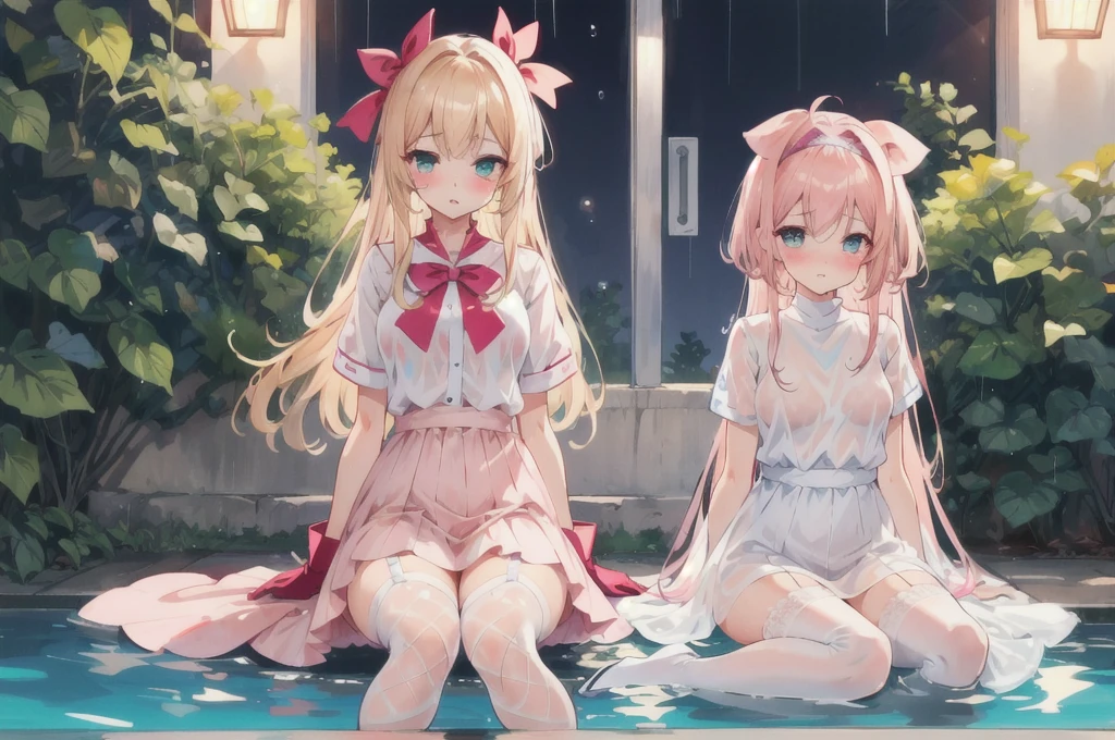 Full body depiction on screen, Glaring Eyes Showing disgust Blonde Long Hair anime Romanesque style Super Curly Hair Super long sideburns Wet and transparent salmon pink turtleneck wedding dress cuteポージング Pool at night Droopy eyes Ribbon headband 天蓋付きのcuteベッド Aqua Blue Rubber Sheets Aqua Blue Rubber Bed Sitting Sad face Embarrassing Blushing Wet and see-through salmon pink berry long skirt Wet and see-through salmon pink tights Wet and see-through salmon pink underwear Metal luster Chest mesh Multiple ribbons Soaked in the rain Wet and see-through salmon pink super long gloves Wet and see-through salmon pink pantyhose Wet and transparent shocking pink garter belt cute Pitiful clear Big eyes Droopy eyes Pale pink rouge Shocking Pink Pink Long Boots Wet and see-through salmon pink bodysuit