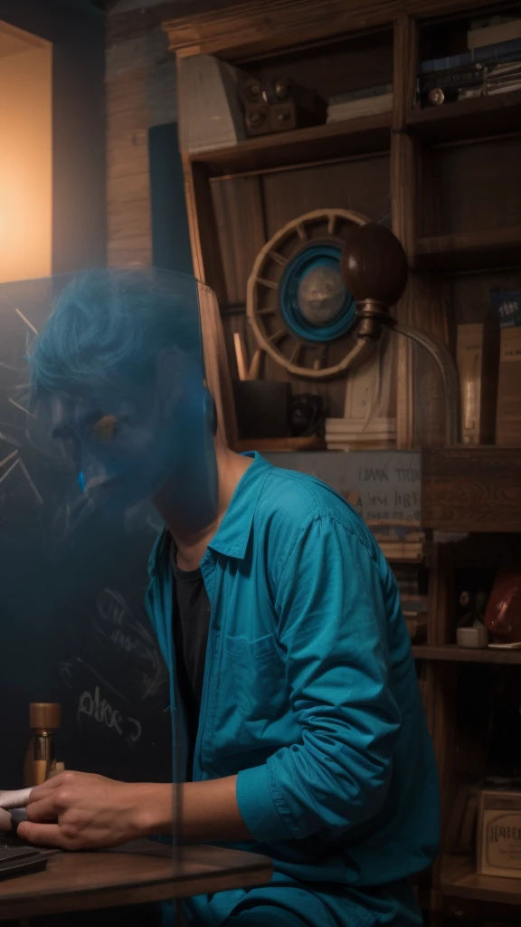 A beautiful young male twink, cute, with black hair and a face with makeup, wearing a bright white long-sleeved shirt and aqua blue pants, and he is in his office, and behind him is a blackboard on which is written the shape of the brain and its anatomy, and nuclear energy comes out of it, and he has a face with makeup and and. His eyes have dark circles under them and he is sitting, looking innocent, with a beautiful face with makeup and a magic wand in his hand