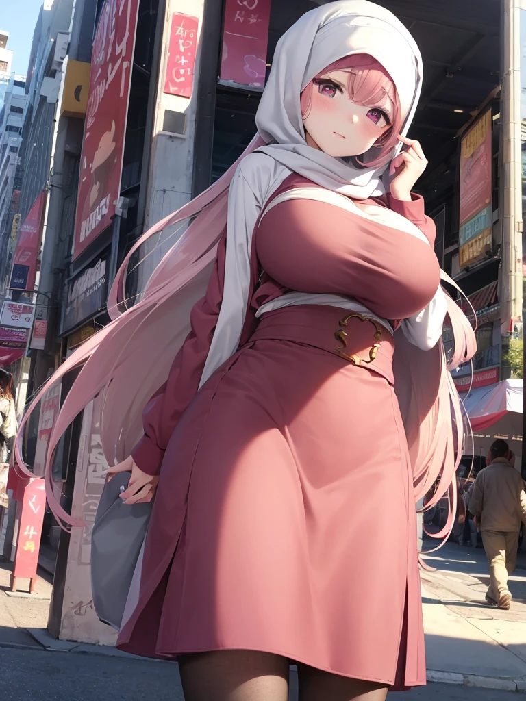 1 Girl, big breasts, heart shape pupils, using headscarf, islamic V1, standing, in city,closed white clothes, blush, perfect hand, perfect fingers, perfect eyes, ultra resolution, full image, pink heart shaped eyes, hearts eyes
