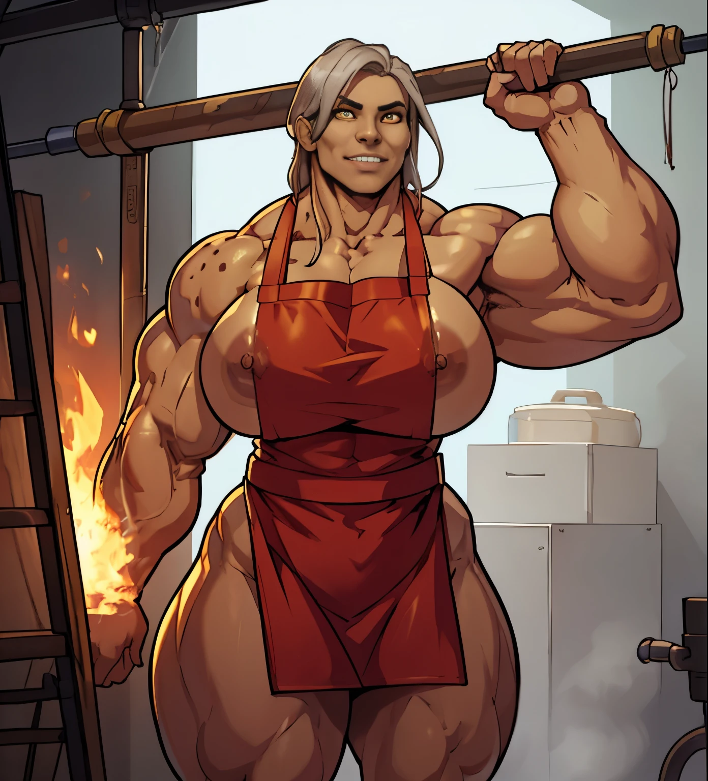 1 girl, Strong muscles, powerful thighs, Very big muscles, huge breasts, gray skin, Extra eyes, three eyes, sharp carnassial teeth, yellow eyes, abnormal, chitinous spots on the arms and shoulders, leather apron, apron on naked body, steelworker, factory background ((Best quality))((naked))