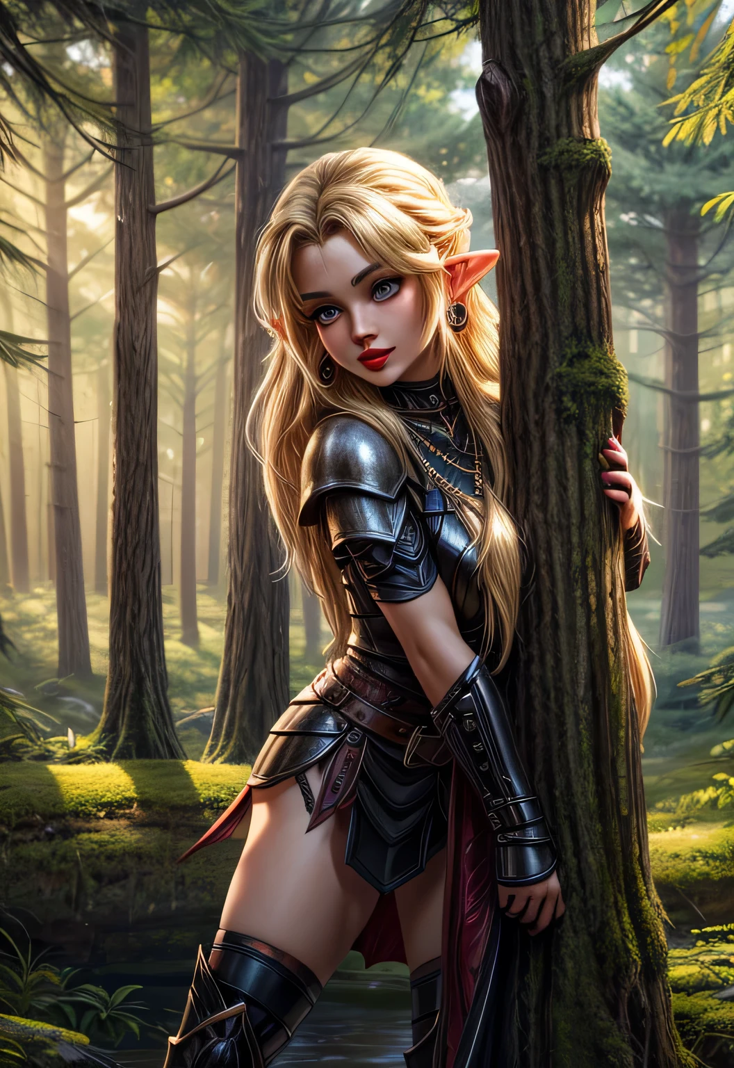 UHD 8k, HDR+, cute blonde female Elf with a necklace, large piercing eyes, huge earrings, giant earrings, her long blonde hair falls over her shoulders, black high heel boots, high heels, black leather armor, Against the background of the forest, detailed background, realistic, 1girl, solo girl, 20 year old girl, ultra realistic face, hyperrealistic, hyperdetailed, (looking at viewers), sharpen, detailed face, detailed eyes, detailed lips, red lips, beautiful face, 16k, FHD, raw photo, cute face mesh, pretty face mesh, portrait shot 8 k