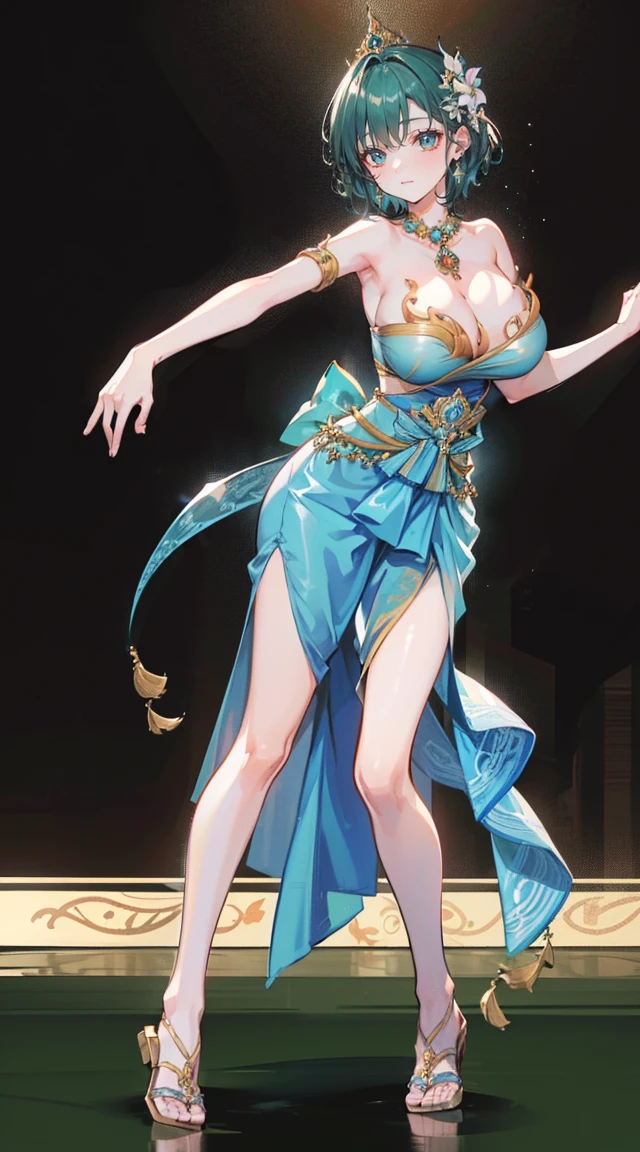 (2 young women ,beautiful woman)，smile，(light green short hair)，nobility，(princess)，blue student，Tall figure，((Strapless Thai dress))，low skirt，(Strapless Thai dressที่ไม่ทีสาย)，ta skirt，Show your legs，Barefoot，red carpet，prom website，(nobility)，(big tits),(Various poses),Highest quality、Highest picture quality、Masterpiece,, ,(((Umbilical drive,dance,dance,Thai dance))),(large areolae:1.4,pink,The nipples are clearly visible......),((bare breast:1.37))
