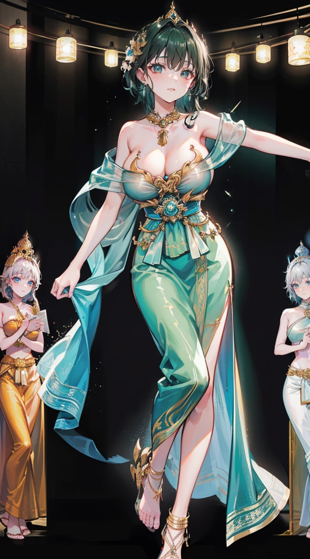 (2 young women ,beautiful woman),smile,(light green short hair),nobility,(princess),blue student,Tall figure,((Strapless Thai dress)),low skirt,(Strapless Thai dressที่ไม่ทีสาย),ta skirt,Show your legs,Barefoot,red carpet,prom website,(nobility),(big tits),(Various poses),Highest quality、Highest picture quality、Masterpiece,, ,(((Umbilical drive,dance,dance,Thai dance))),(large areolae:1.4,pink,The nipples are clearly visible......),((bare breast:1.37))
