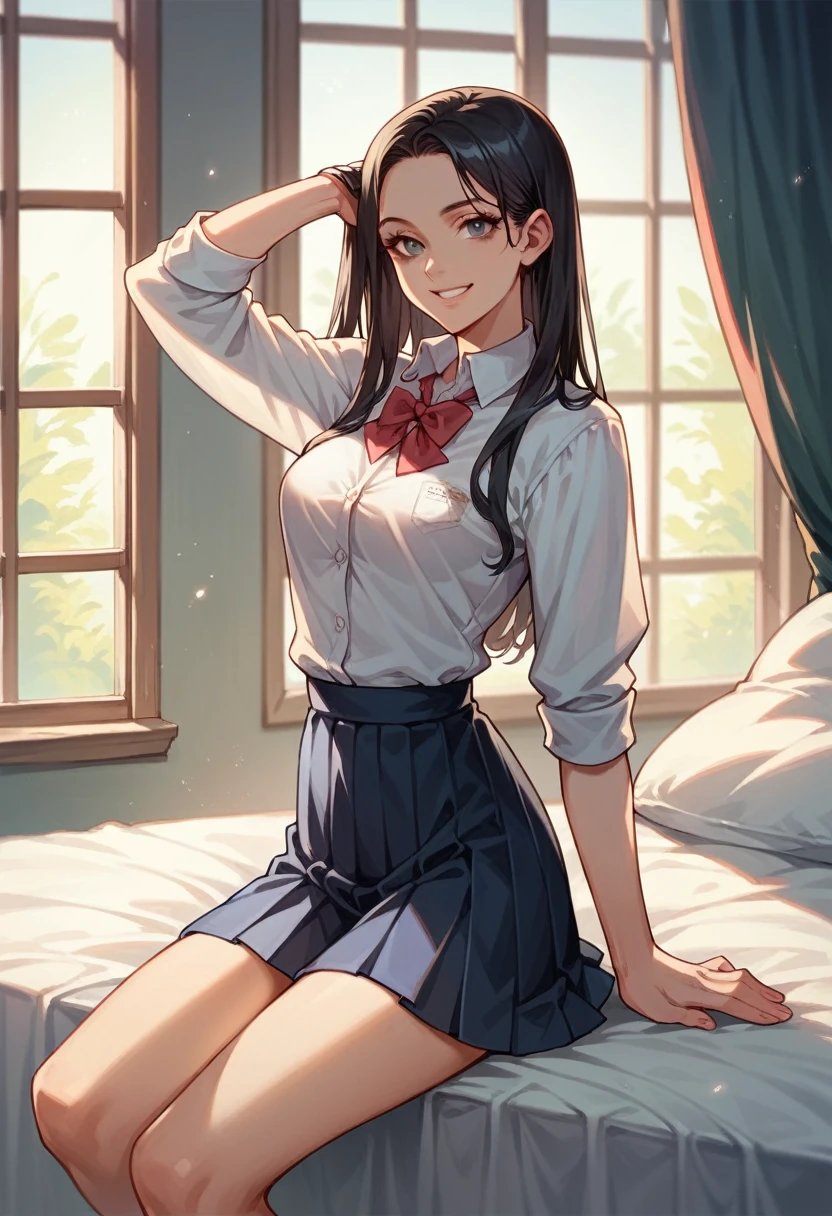 female student,seduct smile,on top of the bed,校服 ,Beautiful face, Detailed eyes, Long,  Medium breasts, Slim waist, Slim legs, Perfect body,JK school uniform，Bedside girl