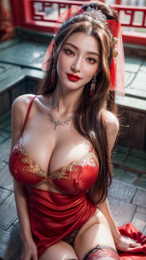 4K, UHD, masterpiece, solo girl, good face, detailed eyes, detailed lips, very long hair, straight hair, very long hair, beautiful hair, bride hair ornaments, hairband, sexy bun with ponytail hair, ((fantasy mage bride dress), (photorealistic:1.5), (Realistic big breasts:1.35), (Slender six pack abs), (smile), ((NSFW:0)), ((busty Cleavage)), ((( enchanting body, red lipstick, stockings, Chinese courtyard, bold dress, d-cup, breast focus, closeup))), ornaments, necklace, earring, high lighting, depth of field, ray tracing, ultra-realistic detail