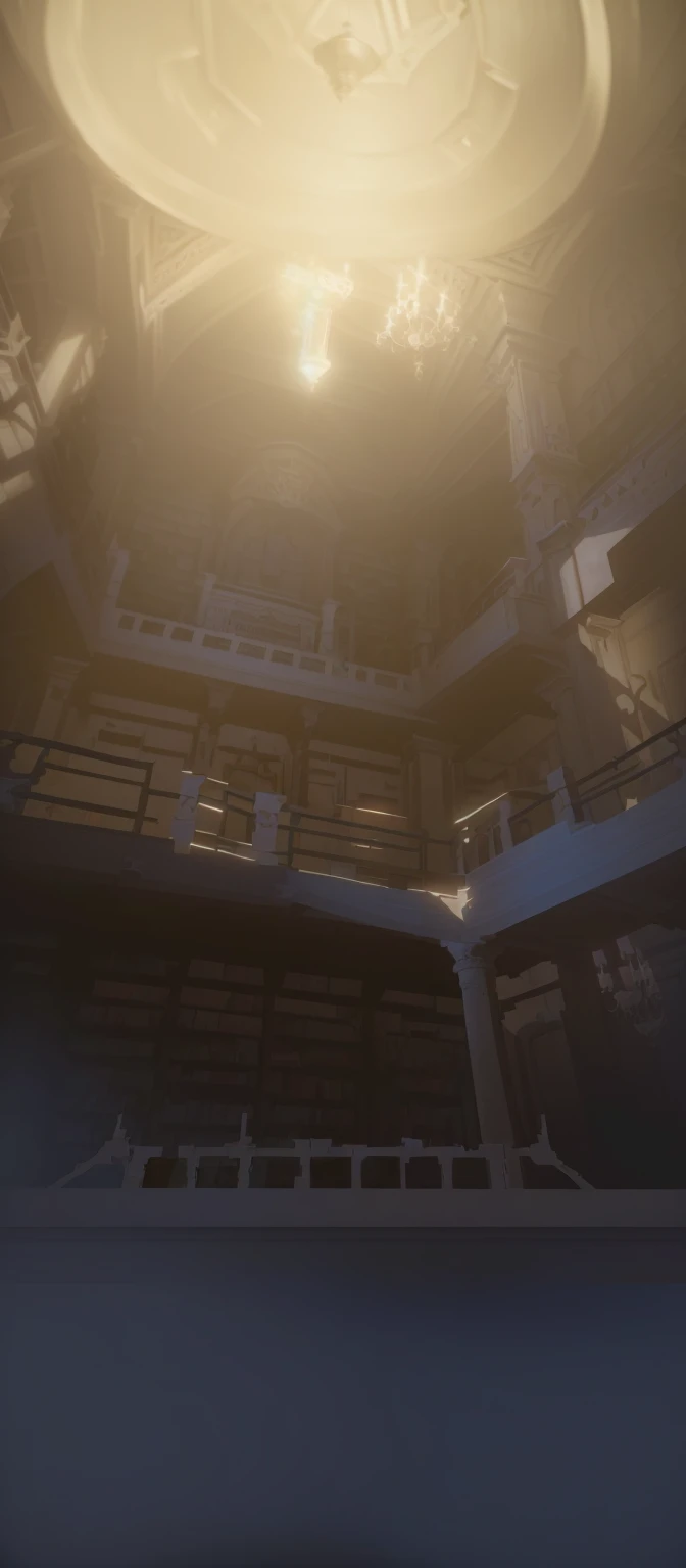 There is a picture of a room with a ceiling and a ceiling fan, library of ruina Concept Art, dusty library, Gothic Epic Library Concept, Dramatic Lighting. Concept Art, alchemist Library Background, gloomy library, Unreal Engine Digital, Library Background, Blurred background of library, painterly Concept Art, Detailed lighting and textures, library of babel