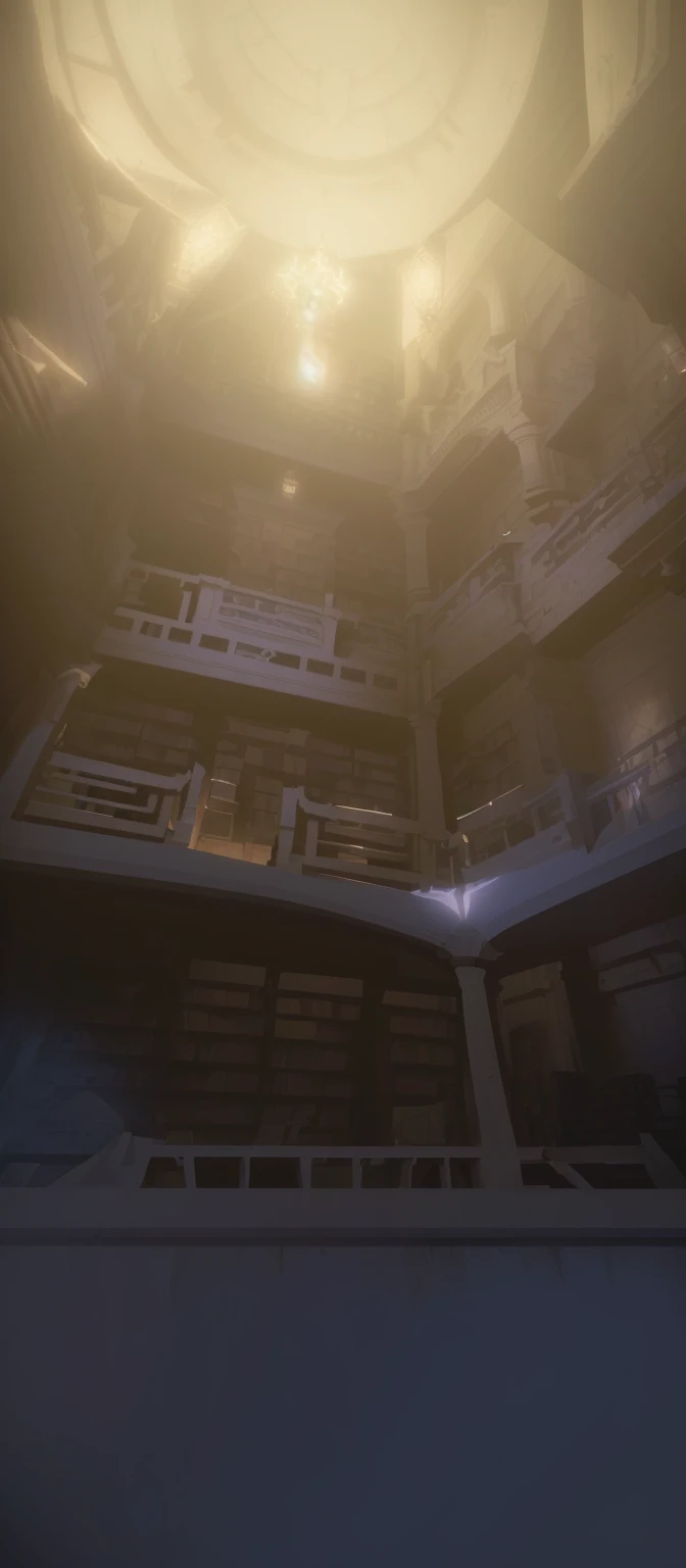 There is a picture of a room with a ceiling and a ceiling fan, library of ruina Concept Art, dusty library, Gothic Epic Library Concept, Dramatic Lighting. Concept Art, alchemist Library Background, gloomy library, Unreal Engine Digital, Library Background, Blurred background of library, painterly Concept Art, Detailed lighting and textures, library of babel