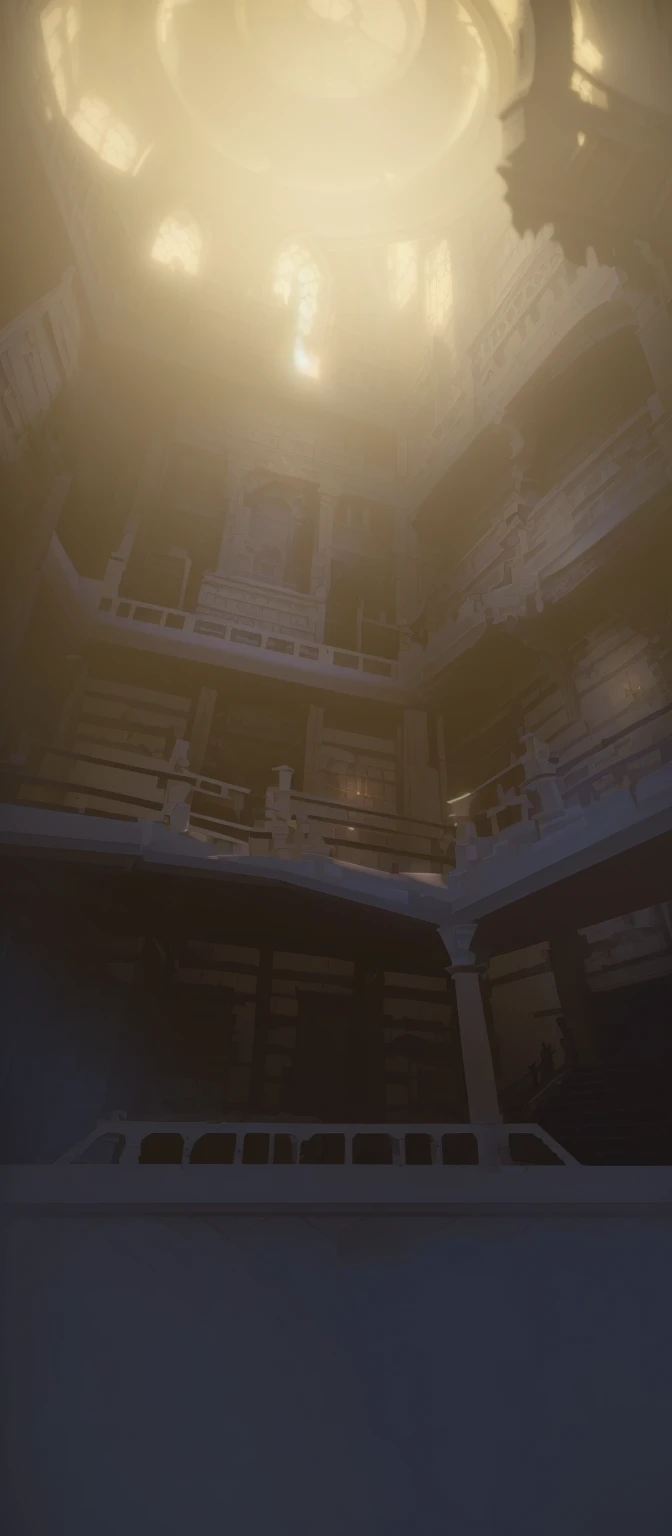 There is a picture of a room with a ceiling and a ceiling fan, library of ruina Concept Art, dusty library, Gothic Epic Library Concept, Dramatic Lighting. Concept Art, alchemist Library Background, gloomy library, Unreal Engine Digital, Library Background, Blurred background of library, painterly Concept Art, Detailed lighting and textures, library of babel
