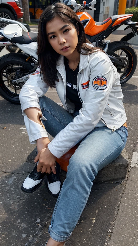 Realistic pilipina girl wearing a white jacket and jeans sitting in black repsol motorbike.