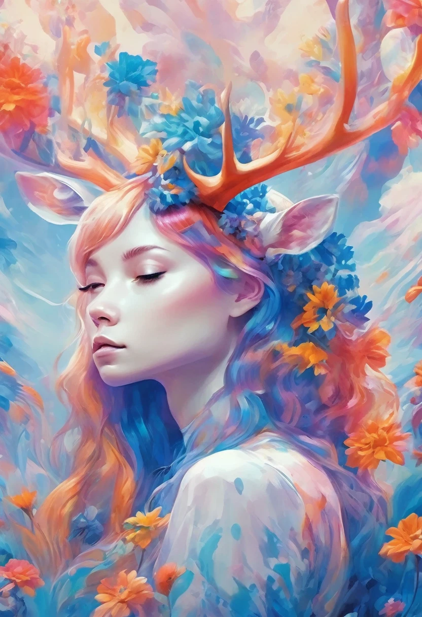 (Psychedelic Art:1.5), (Watch from below:1.2),girl，personification，Large color blocks，White，blue, Upper Body, Close your eyes,deer ,There are flowers,