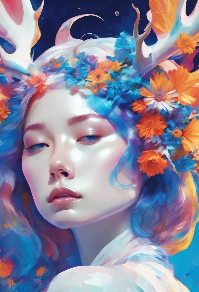 (Psychedelic Art:1.5), (Watch from below:1.2),girl,personification,Large color blocks,White,blue, Upper Body, Close your eyes,deer ,There are flowers,