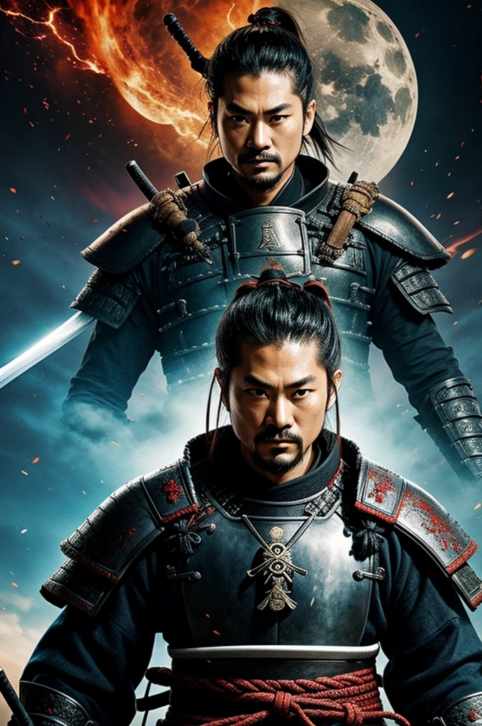 A samurai with a human skull head in a post-war setting with dark details and intense atmosphere. Fight scenario.