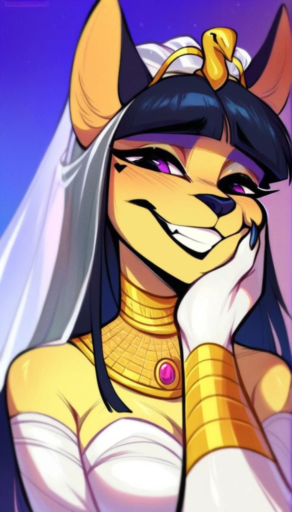 score_9, score_8_up, score_7_up, score_6_up, score_5_up, score_4_up, (thick lines:1.25), Egyptian-themed bedroom, Egypt,
(Bastet:1.2), anthro, female, (goddess, ((smiling:1.35)), ((povcheekgrabbing, solo focus, hand on another's face:1.25)), (wedding dress), POV)