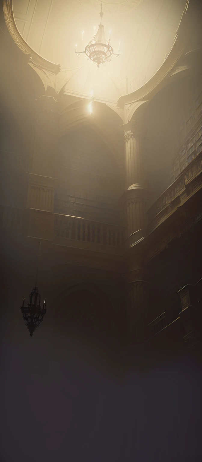 There is a picture of a room with a ceiling and a ceiling fan, library of ruina Concept Art, dusty library, Gothic Epic Library Concept, Dramatic Lighting. Concept Art, alchemist Library Background, gloomy library, Unreal Engine Digital, Library Background, Blurred background of library, painterly Concept Art, Detailed lighting and textures, library of babel