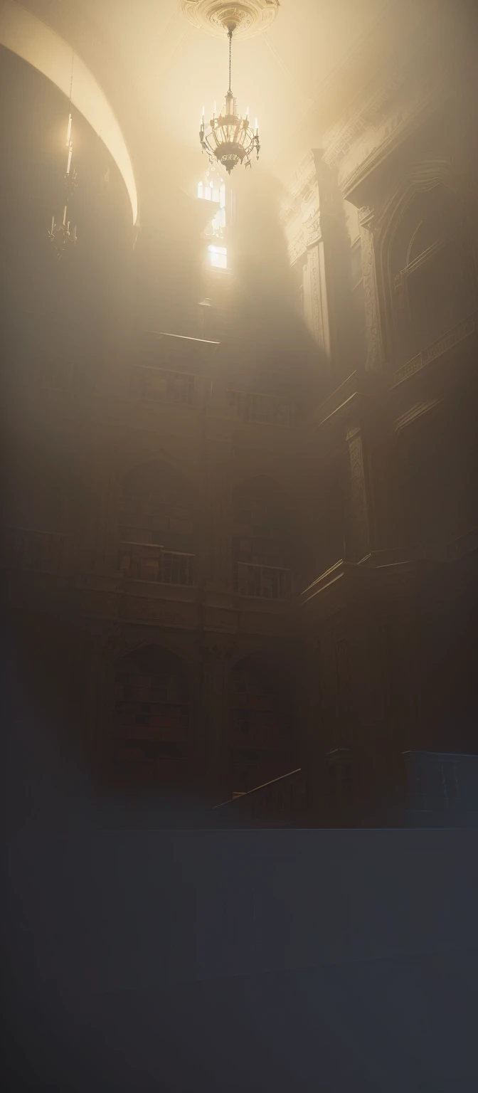 There is a picture of a room with a ceiling and a ceiling fan, library of ruina Concept Art, dusty library, Gothic Epic Library Concept, Dramatic Lighting. Concept Art, alchemist Library Background, gloomy library, Unreal Engine Digital, Library Background, Blurred background of library, painterly Concept Art, Detailed lighting and textures, library of babel
