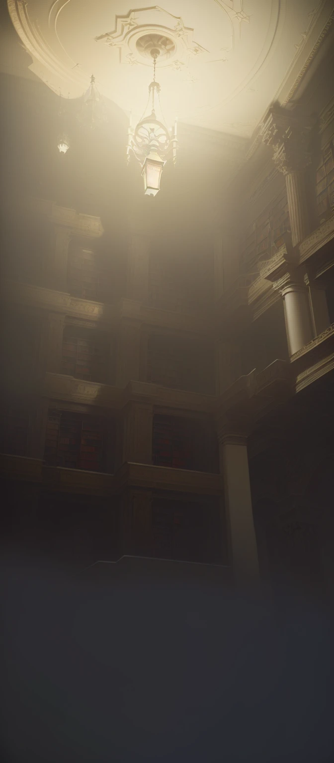 There is a picture of a room with a ceiling and a ceiling fan, library of ruina Concept Art, dusty library, Gothic Epic Library Concept, Dramatic Lighting. Concept Art, alchemist Library Background, gloomy library, Unreal Engine Digital, Library Background, Blurred background of library, painterly Concept Art, Detailed lighting and textures, library of babel