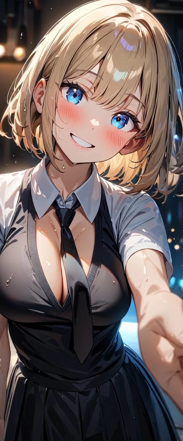 (((One girl))), blond hair, bob cut, (cowboy shot), (looking at viewer), face in focus, breasts, ager, head tilt:1.3, (((blue eye))), ((happy smile)), ((blush)), school summer uniform, white shirts, ((black tie)), black skirt, wet skin, black waistcoat, ((cleavage)), anime style, (best quality, 4k, 8k, highres, masterpiece:1.2, ultra-detailed, ultra-detailed eyes, HDR, UHD, studio lighting, ultra-fine painting, sharp focus, physically-based rendering, extreme detail description, professional, vivid colors, bokeh)