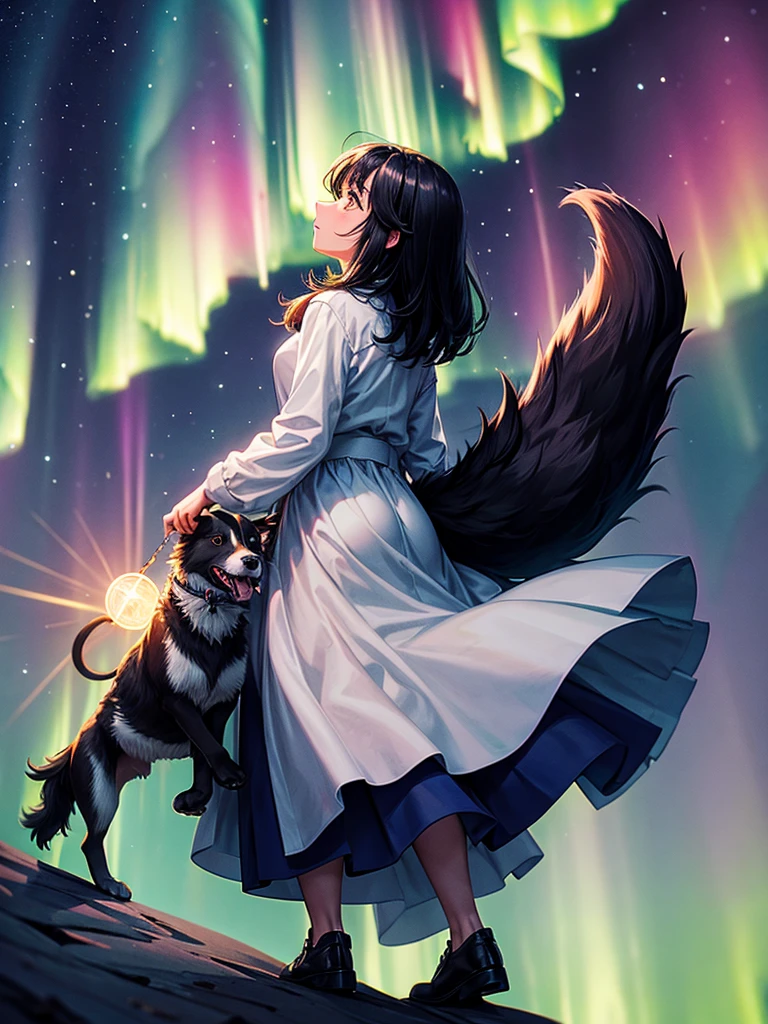 Highest Resolution,Highest quality,A woman watches the aurora borealis with her border collie,
