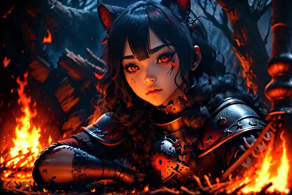 junkotvv pelo largo negro con flequillo y con orejas de gato y ojos rojos a warrior resting in bonfire, high quality, masterpiece, dark theme, dark souls theme,  (fullbody sentada frente a un bonfire )