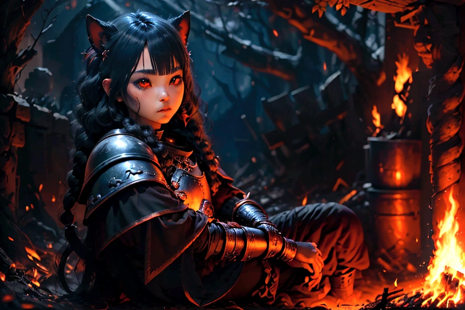 junkotvv pelo largo negro con flequillo y con orejas de gato y ojos rojos a warrior resting in bonfire, high quality, masterpiece, dark theme, dark souls theme, (fullbody sentada frente a un bonfire )