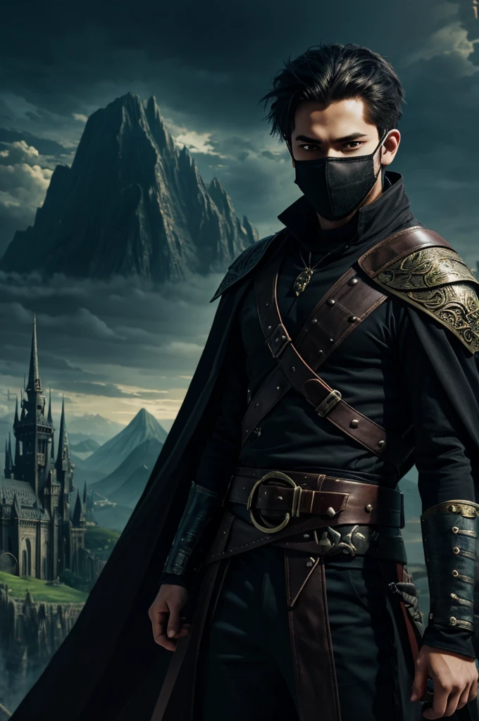 fantasy landscape, anime, young man with scary mask