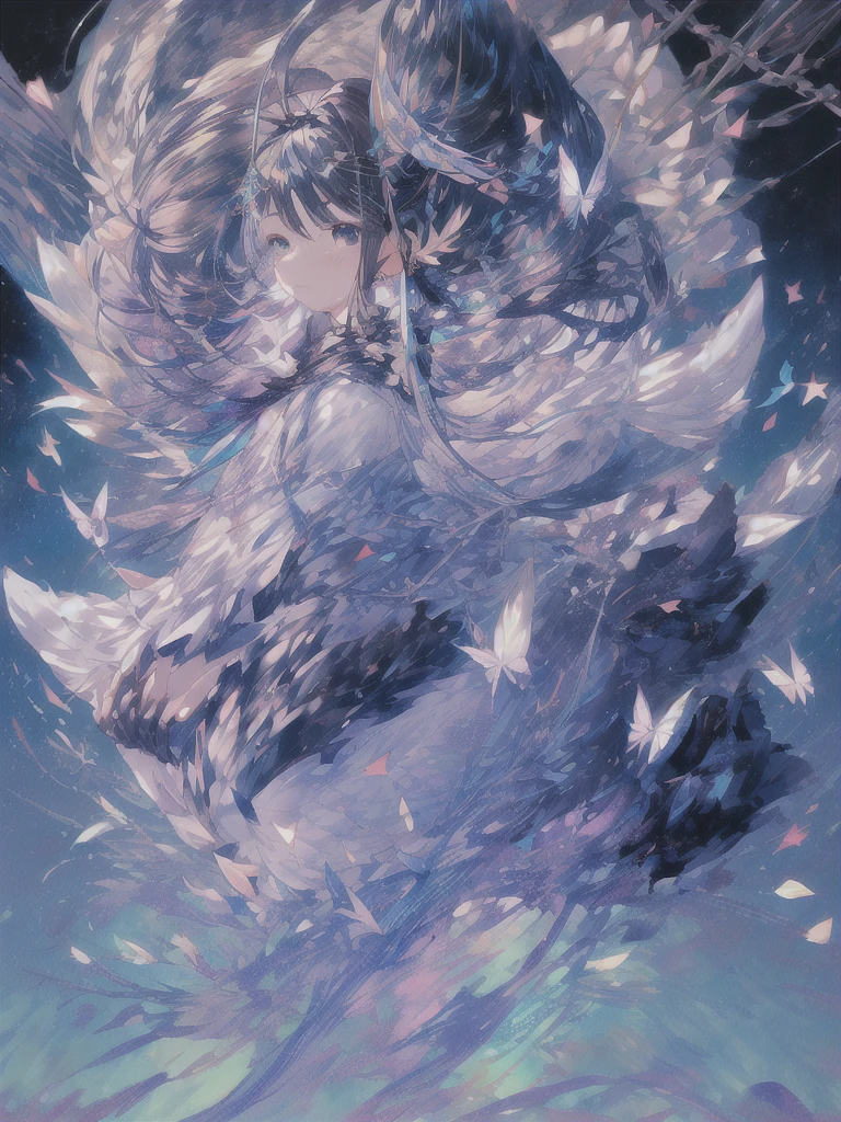 pretty, anime, pastel, neon, vtuber-fullbody vtuber-halfbody, kawaii Masterpiece, young woman, sitting down, parted lips, black eyes, fluffy curly hair, bangs, ahoge, light brown hair, rosy cheeks, short sleeve, black and purple dress, puffy sleeves, black gloves, purple ribbons, ((faded iris)), myceliumtech, scifi, Mycelia, spongy, PsychedelicMasterpiece, ((Faded iris)), flowers, smile, water effect, ahoge, looking up, upper view, yuki miku, very long blue hair, twintails, hair ornament, blue eyes, kawaii looking upupper viewhair ornament(masterpiece:1.2), (hires:1.2), (better hands:1.2), beautiful hands, perfect anatomy, holding star, 1boy, antenna hair, choker, white jacket, shoulder-belt, collared shirt, ear piercing, chain earrings, gradient, stars hair ornament, male focus, multicolored hair, purple hair, yellow strands, yellow necktie, (eye1 purple, eye2 yellow, heterochromia), starlight, starMasterpiece, young girl, white hair, fluffy hair, ahoge, medium length hair, bird feathers, sky, jungle, feather ears, white bird wings, vibrant colors, flowers, flower crown, leaves, white silk dress, detailed sleeves, strewn plants, hair over eyes, butterfly style, more_details:-1, more_details:0, more_details:0.5, more_details:1, more_details:1.5, (((ultra detailed))), softcore, kawaii, 