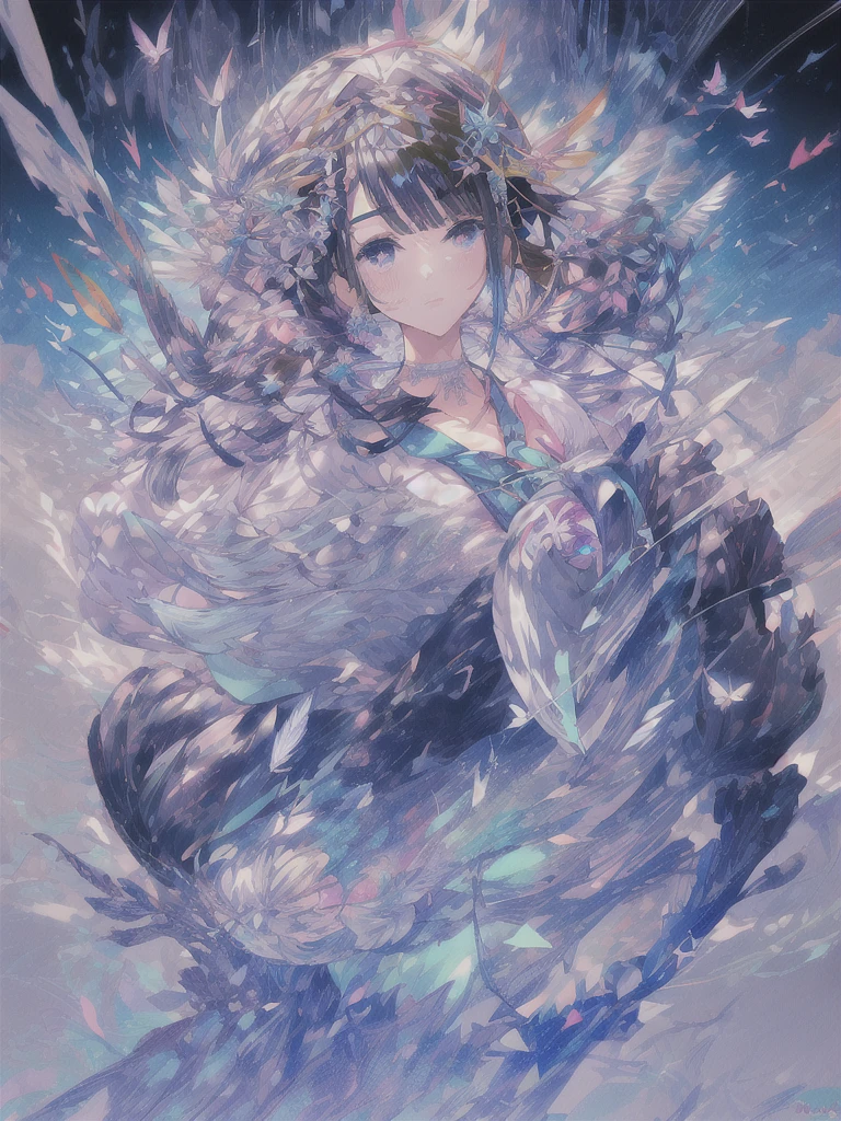 pretty, anime, pastel, neon, vtuber-fullbody vtuber-halfbody, kawaii Masterpiece, young woman, sitting down, parted lips, black eyes, fluffy curly hair, bangs, ahoge, light brown hair, rosy cheeks, short sleeve, black and purple dress, puffy sleeves, black gloves, purple ribbons, ((faded iris)), myceliumtech, scifi, Mycelia, spongy, PsychedelicMasterpiece, ((Faded iris)), flowers, smile, water effect, ahoge, looking up, upper view, yuki miku, very long blue hair, twintails, hair ornament, blue eyes, kawaii looking upupper viewhair ornament(masterpiece:1.2), (hires:1.2), (better hands:1.2), beautiful hands, perfect anatomy, holding star, 1boy, antenna hair, choker, white jacket, shoulder-belt, collared shirt, ear piercing, chain earrings, gradient, stars hair ornament, male focus, multicolored hair, purple hair, yellow strands, yellow necktie, (eye1 purple, eye2 yellow, heterochromia), starlight, starMasterpiece, young girl, white hair, fluffy hair, ahoge, medium length hair, bird feathers, sky, jungle, feather ears, white bird wings, vibrant colors, flowers, flower crown, leaves, white silk dress, detailed sleeves, strewn plants, hair over eyes, butterfly style, more_details:-1, more_details:0, more_details:0.5, more_details:1, more_details:1.5, (((ultra detailed))), softcore, kawaii, 