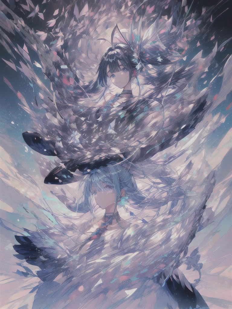 pretty, anime, pastel, neon, vtuber-fullbody vtuber-halfbody, kawaii Masterpiece, young woman, sitting down, parted lips, black eyes, fluffy curly hair, bangs, ahoge, light brown hair, rosy cheeks, short sleeve, black and purple dress, puffy sleeves, black gloves, purple ribbons, ((faded iris)), myceliumtech, scifi, Mycelia, spongy, PsychedelicMasterpiece, ((Faded iris)), flowers, smile, water effect, ahoge, looking up, upper view, yuki miku, very long blue hair, twintails, hair ornament, blue eyes, kawaii looking upupper viewhair ornament(masterpiece:1.2), (hires:1.2), (better hands:1.2), beautiful hands, perfect anatomy, holding star, 1boy, antenna hair, choker, white jacket, shoulder-belt, collared shirt, ear piercing, chain earrings, gradient, stars hair ornament, male focus, multicolored hair, purple hair, yellow strands, yellow necktie, (eye1 purple, eye2 yellow, heterochromia), starlight, starMasterpiece, young girl, white hair, fluffy hair, ahoge, medium length hair, bird feathers, sky, jungle, feather ears, white bird wings, vibrant colors, flowers, flower crown, leaves, white silk dress, detailed sleeves, strewn plants, hair over eyes, butterfly style, more_details:-1, more_details:0, more_details:0.5, more_details:1, more_details:1.5, (((ultra detailed))), softcore, kawaii,
