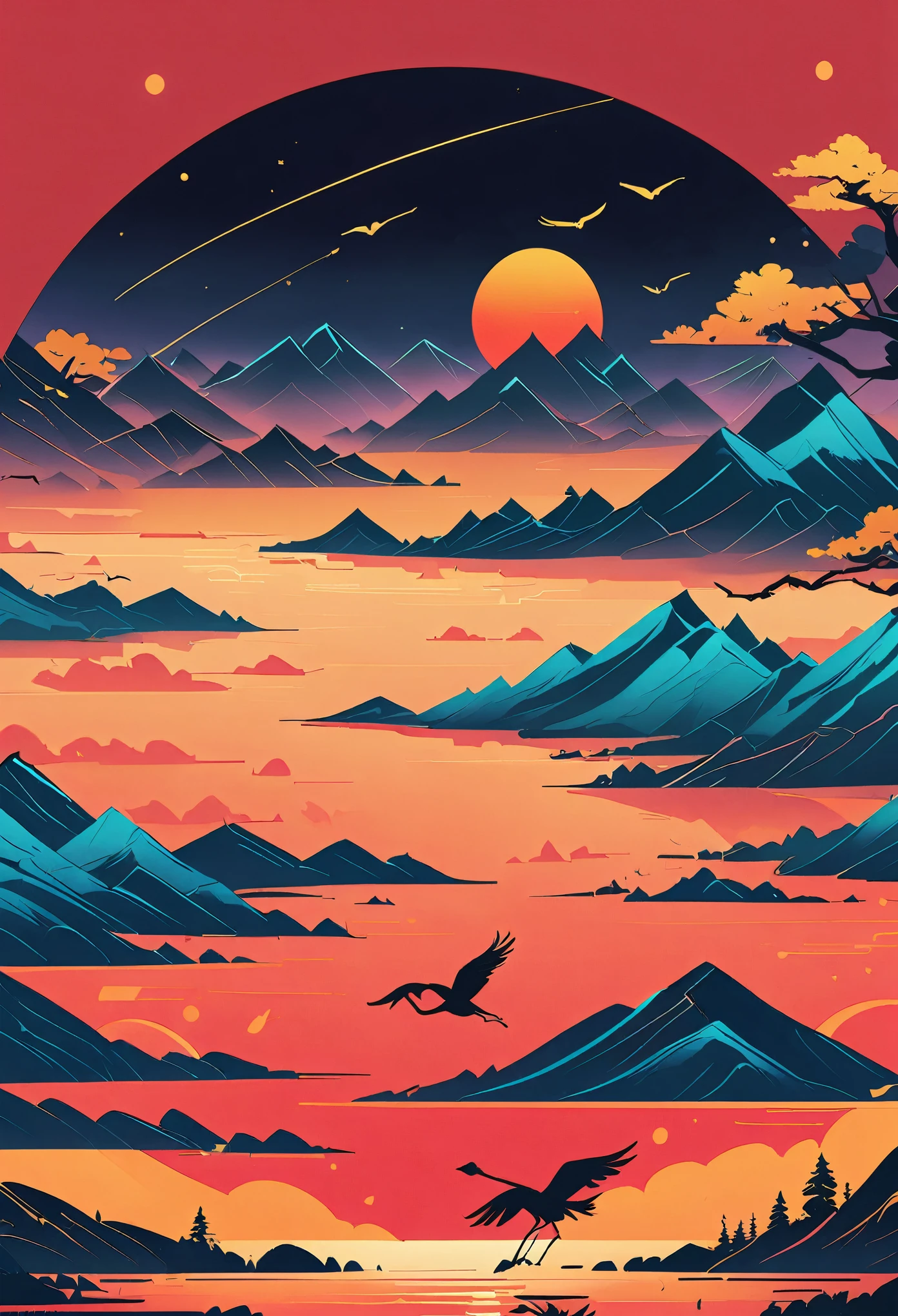 pine,Thousand Miles of Rivers and Mountains,Flying cranes,Lacquer、comfort、Mountains,Gold Leaf,Minimalist Composition of Chinese Landscape、Red sky pure color,illustration