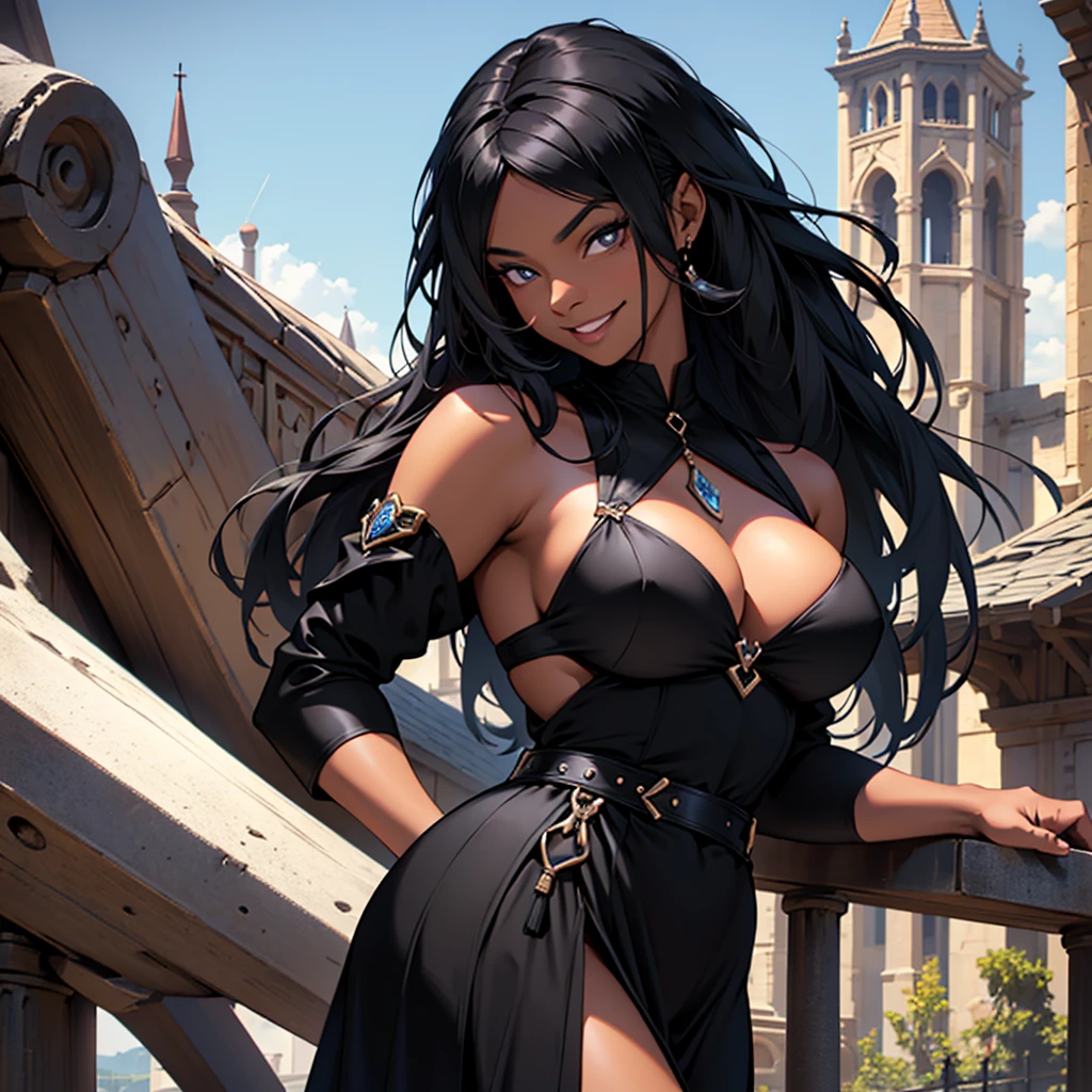 A woman, 22 years old, black skin, dark skin, mischievous smile, big breasts, mischievous smile, curious look, medieval period, wearing a black dress, wearing a black dress, wearing a black tuxedo, medieval background , Ultra HD 4k, 4k, Ultra HD