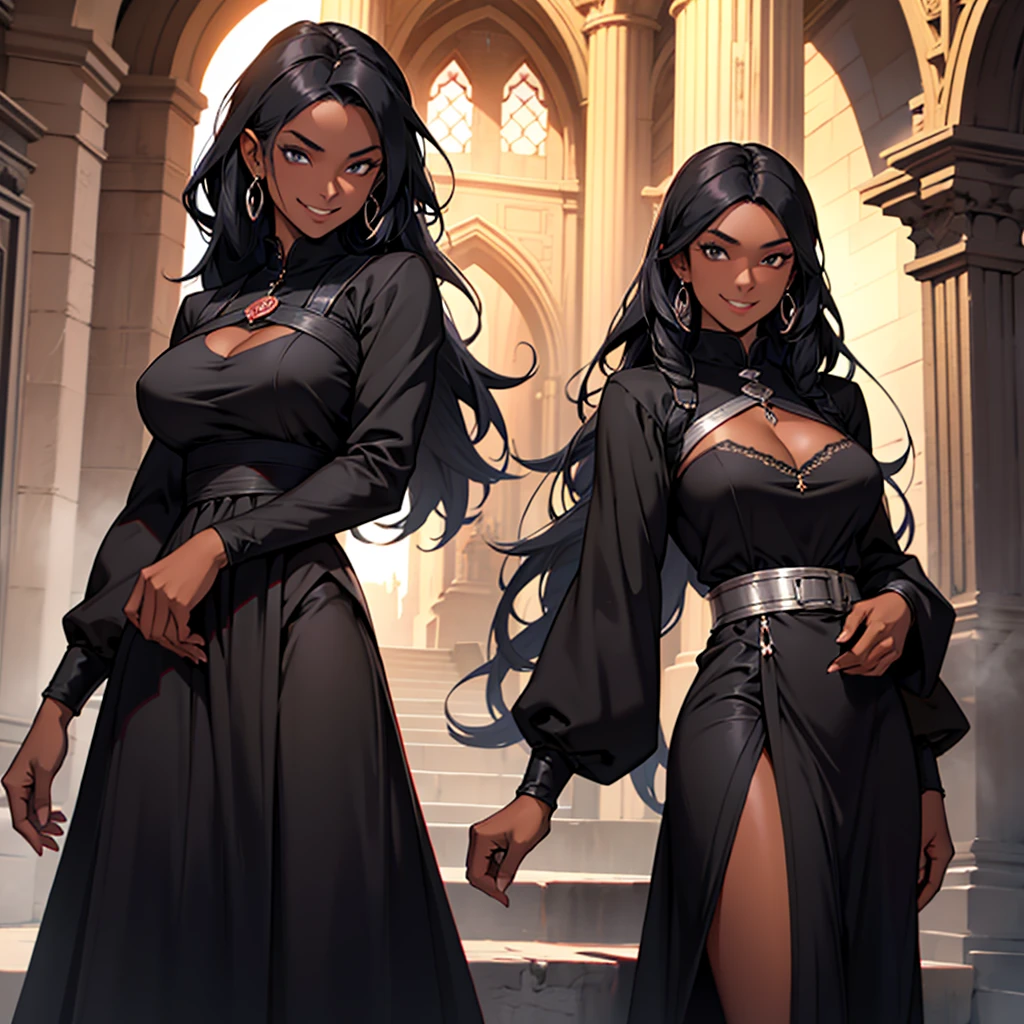 A woman, 22 years old, black skin, dark skin, mischievous smile, big breasts, mischievous smile, curious look, medieval period, wearing a black dress, wearing a black dress, wearing a black tuxedo, medieval background , Ultra HD 4k, 4k, Ultra HD