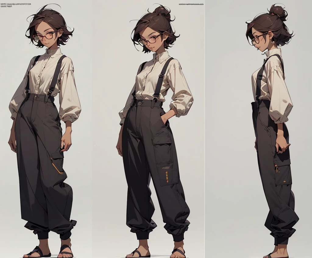 (mature woman), (age 25 years), ((Exquisite Face), (There are complete details...)), (Jitai pose), (Wear glasses), (slight smile), ((Sexy Eyes), (eyes looking straight.)), (Clear 8K images), ((Medium camera angle showing thighs), (standing pose)), (Anime style), (suspenders), (master-piece), ((There are body details..., (perfect hands), (perfect feet)), (line art), ((Character concept art)), ((Character design sheet, Same character.., front-view, Side View, Reverse view, three-quarter view)), 6 half full heads, (tomboy), (long pants)