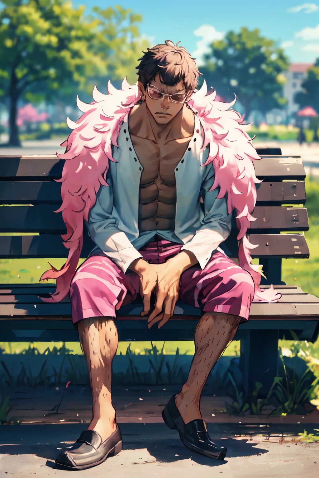 standing alone, bobo , gazing at viewer, serious face, pink feather boa, open shirt, sitting on park benches, Wide arms