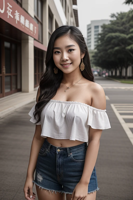 8k, highest quality, ultra details, bare shoulders, Chinese-Indonesian campus idol named Evelyn, active in student organizations, leading and empowering her peers to create a positive impact.