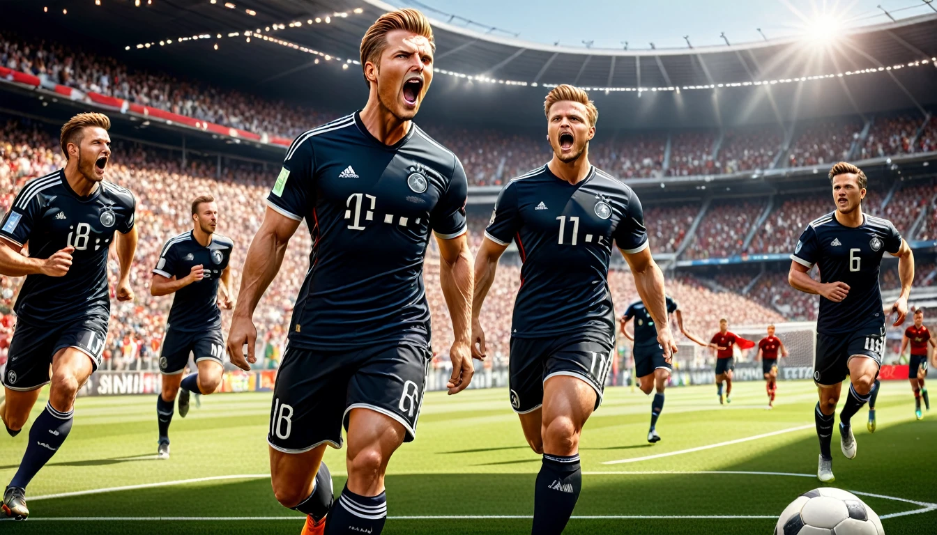high quality, hyperdetailed, 3d, dynamic, dramatic lighting, highly detailed, photorealistic, 1 german male soccer team, soccer players, athletes, football, soccer, team, sports, sports uniforms, soccer jerseys, cleats, soccer ball, soccer field, stadium, crowds, cheering fans, flags, banners, action pose, intense expressions, muscular figures, sweat, motion blur, depth of field