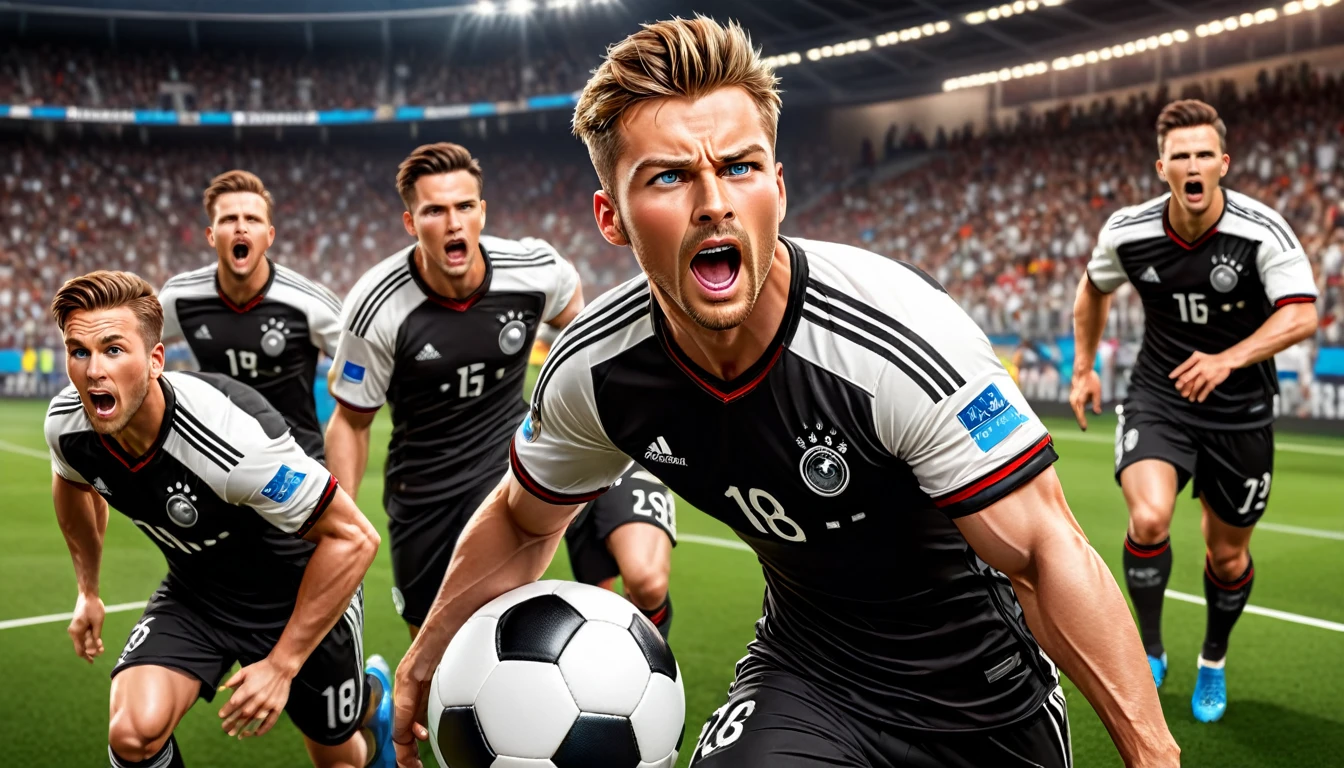 high quality, hyperdetailed, 3d, dynamic, dramatic lighting, highly detailed, photorealistic, 1 german male soccer team, soccer players, athletes, football, soccer, team, sports, sports uniforms, soccer jerseys, cleats, soccer ball, soccer field, stadium, crowds, cheering fans, flags, banners, action pose, intense expressions, muscular figures, sweat, motion blur, depth of field