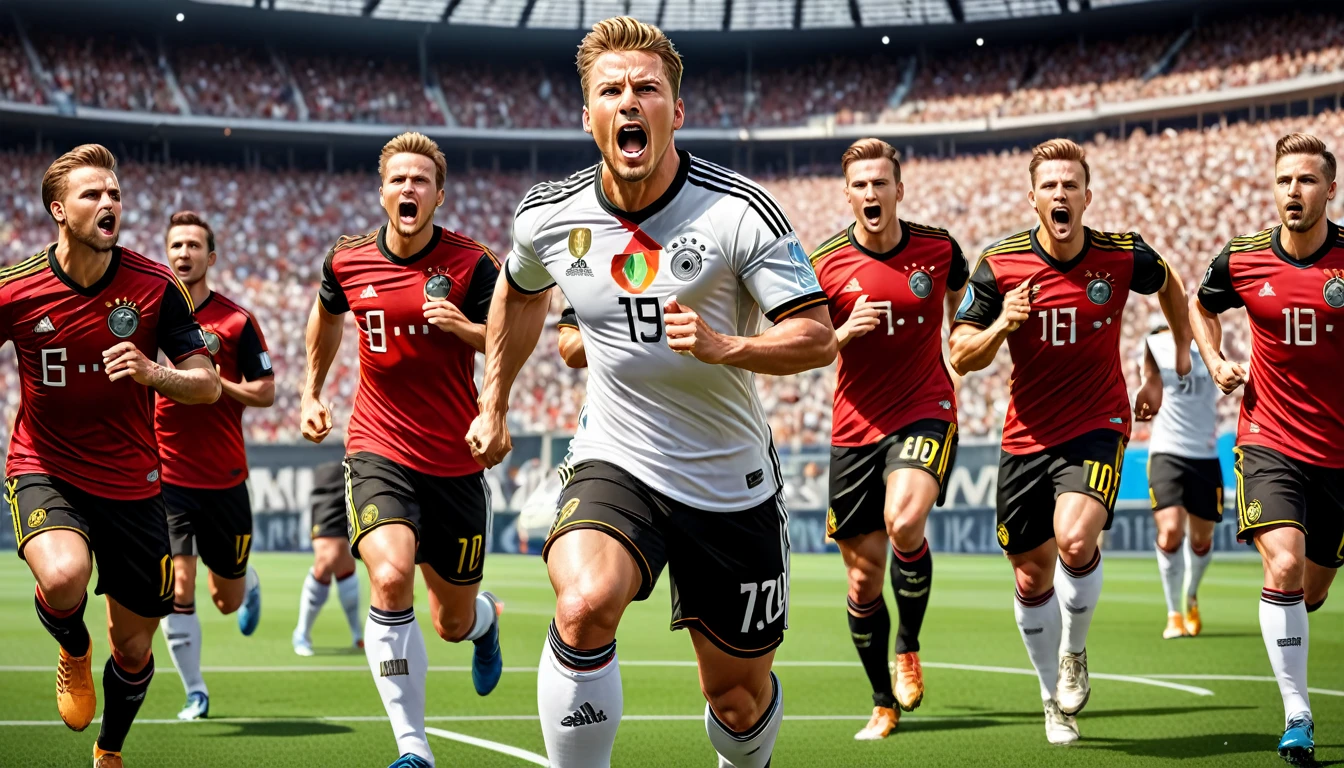 high quality, hyperdetailed, 3d, dynamic, dramatic lighting, highly detailed, photorealistic, 1 german male soccer team, soccer players, athletes, football, soccer, team, sports, sports uniforms, soccer jerseys, cleats, soccer ball, soccer field, stadium, crowds, cheering fans, flags, banners, action pose, intense expressions, muscular figures, sweat, motion blur, depth of field