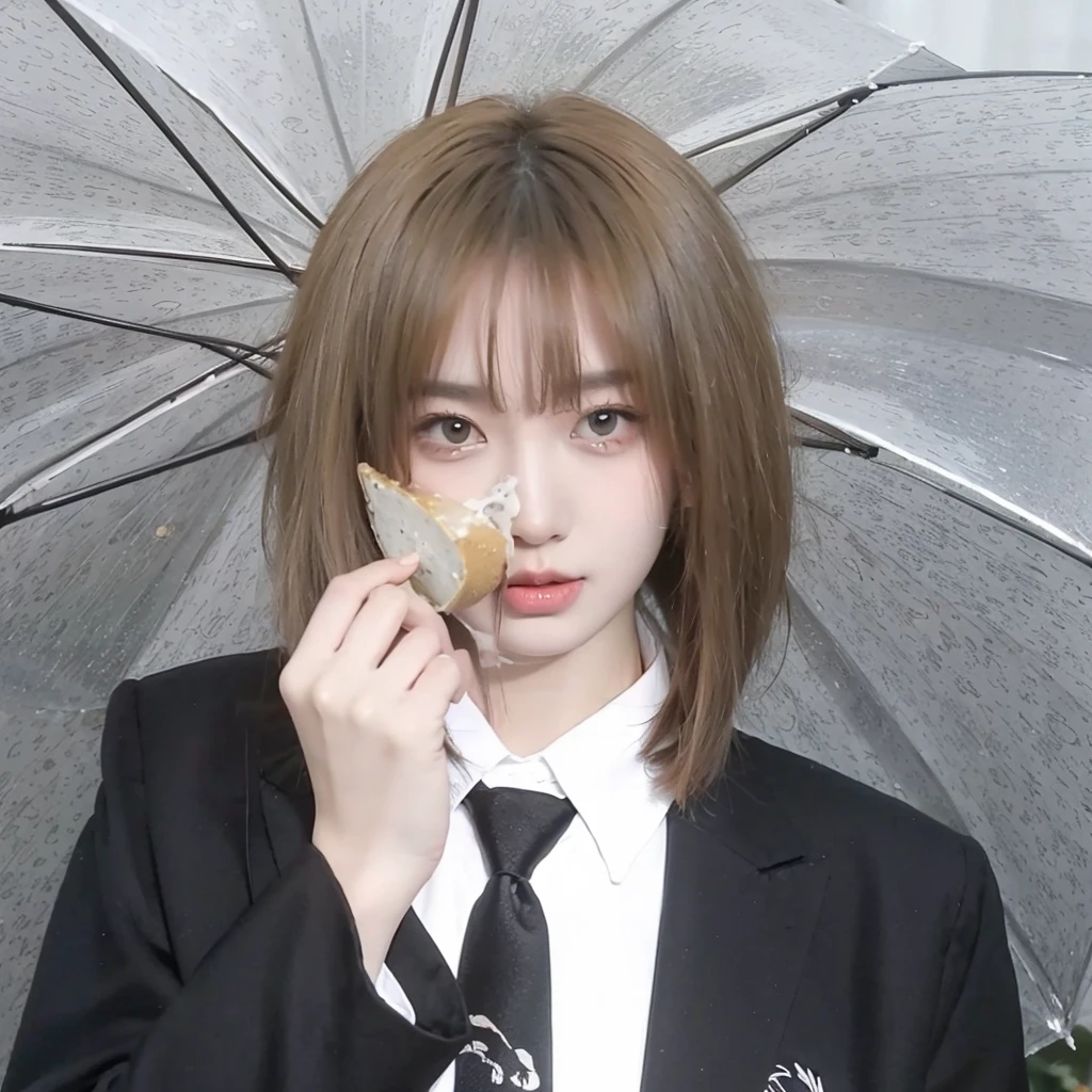 Milk tea gold short hair，Background umbrella