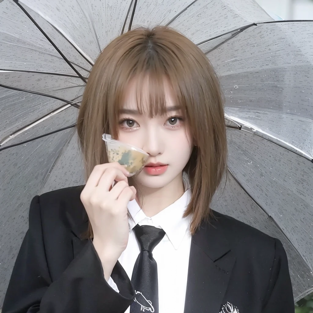 Milk tea gold short hair,Background umbrella