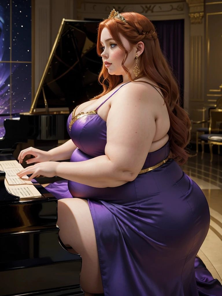 A Sideview elegant photo, golden aura photo of a young beautiful redhead bbw with soft fat belly, wide fat obese hips, thick fat legs and fat arms, cute pretty face, small breasts, blue eyes, freckles, in a purple covering detailed long beautiful pianist dress Wearing jewelery and golden female watch, sitting and playing a grand piano in an opera, goldem hour