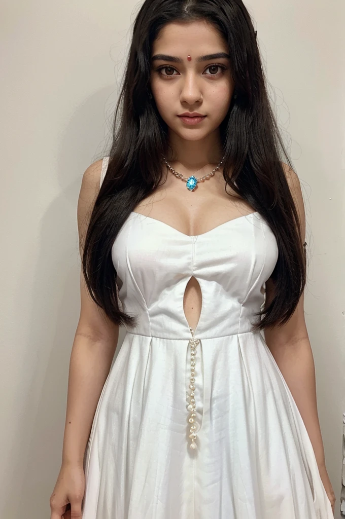 create a most beautiful girl image 18 years age. Wearing white princess dress. also wearing white pearl necklace. there is black bindi on forehead. preety good white eyes, long black hair. she is standing and blushing.