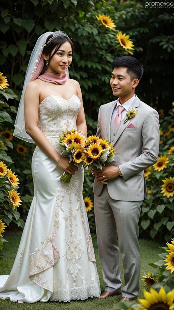 Realistic of filipino couple wedding and wearing a wedding ,hijab costume the background is garden and many sunflower and pink roses.