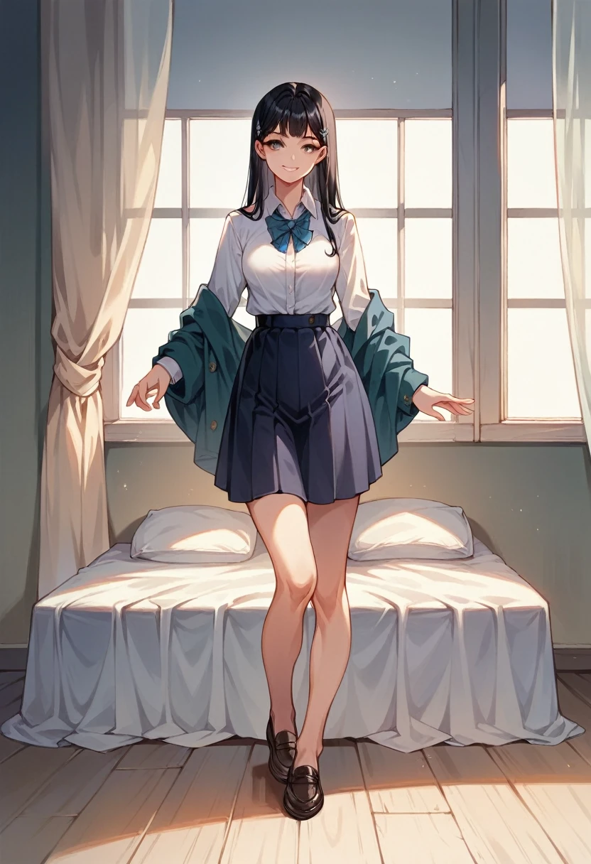 beautiful girl, solo, full-bodied, standing, long black  hair,  medium breasts, JK, high school outfit , soft smile, sitting on the bed, model pose, temptation, 