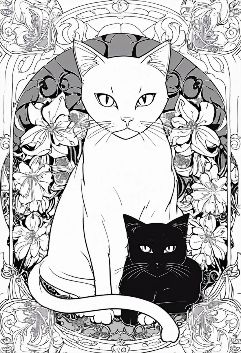 white and black cat with a white background, ploynesian, garden, art for coloring book page, full white background, only use outline, line art, clean line art, mandala for coloring with nature ornaments, simple and clean line art, adorned in Art Nouveau style, with a stroke of Alfons Mucha's brush, perfect details, real