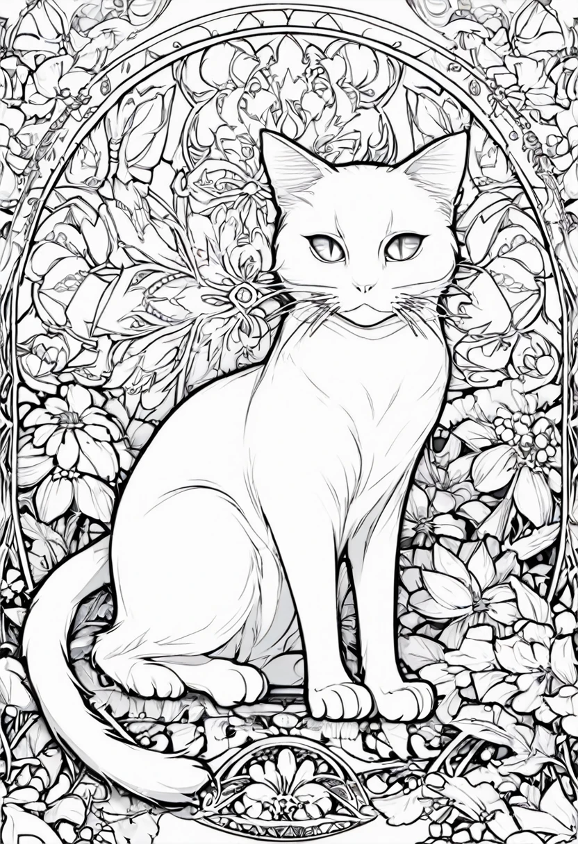 white and black cat with a white background, ploynesian, garden, art for coloring book page, full white background, only use outline, line art, clean line art, mandala for coloring with nature ornaments, simple and clean line art, adorned in Art Nouveau style, with a stroke of Alfons Mucha's brush, perfect details, real