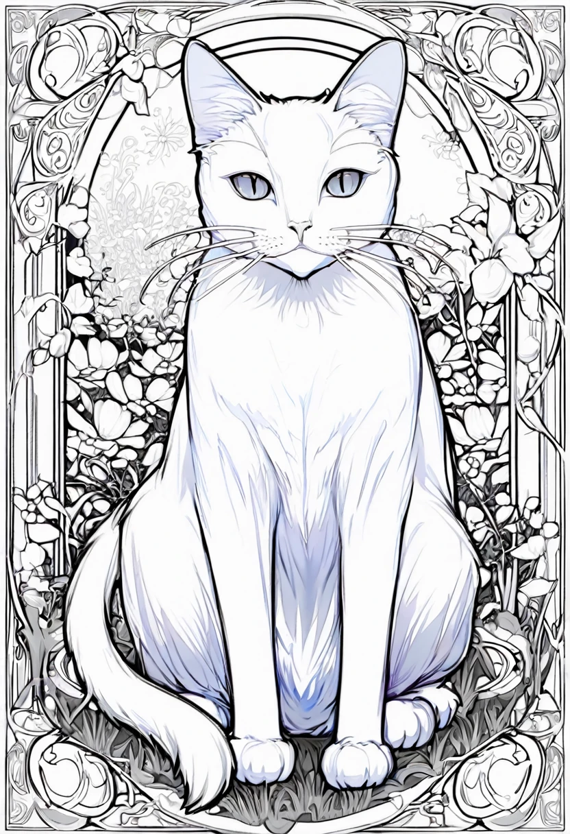 white and black cat with a white background, ploynesian, garden, art for coloring book page, full white background, only use outline, line art, clean line art, mandala for coloring with nature ornaments, simple and clean line art, adorned in Art Nouveau style, with a stroke of Alfons Mucha's brush, perfect details, real