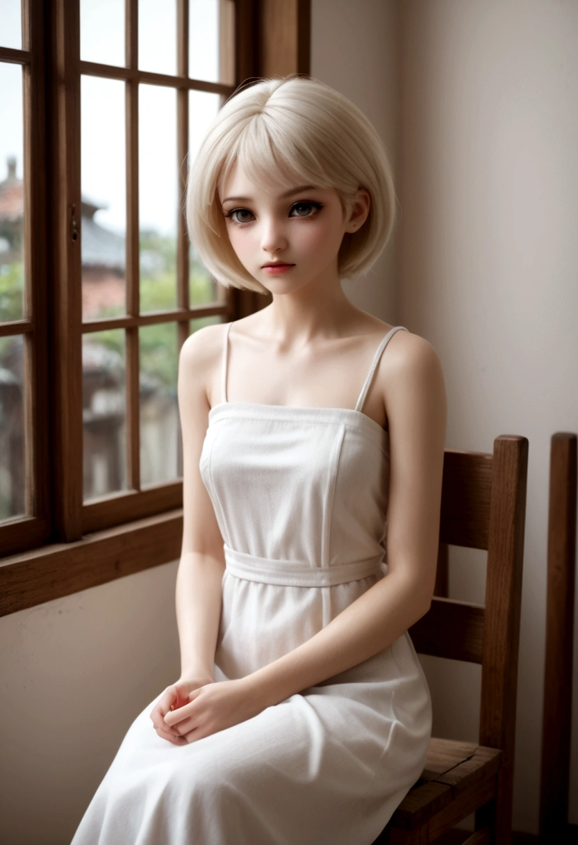 from side, upper body, BJD, doll joints, doll joints, BJD made of pure white glazed ceramics, electric drive, A fantastic and aesthetic image, Large half-closed golden glass eyes, urban style Pure white very short hair, a thin and haggard face, face without makeup, The ball-jointed doll is modeled after a 18-year-old woman, European features, silk white tube top dress, slender limbs, beautiful detailed face, sitting on a wooden chair, old european houses, indoor, beautiful artwork, High-definition, 4k, 8k,