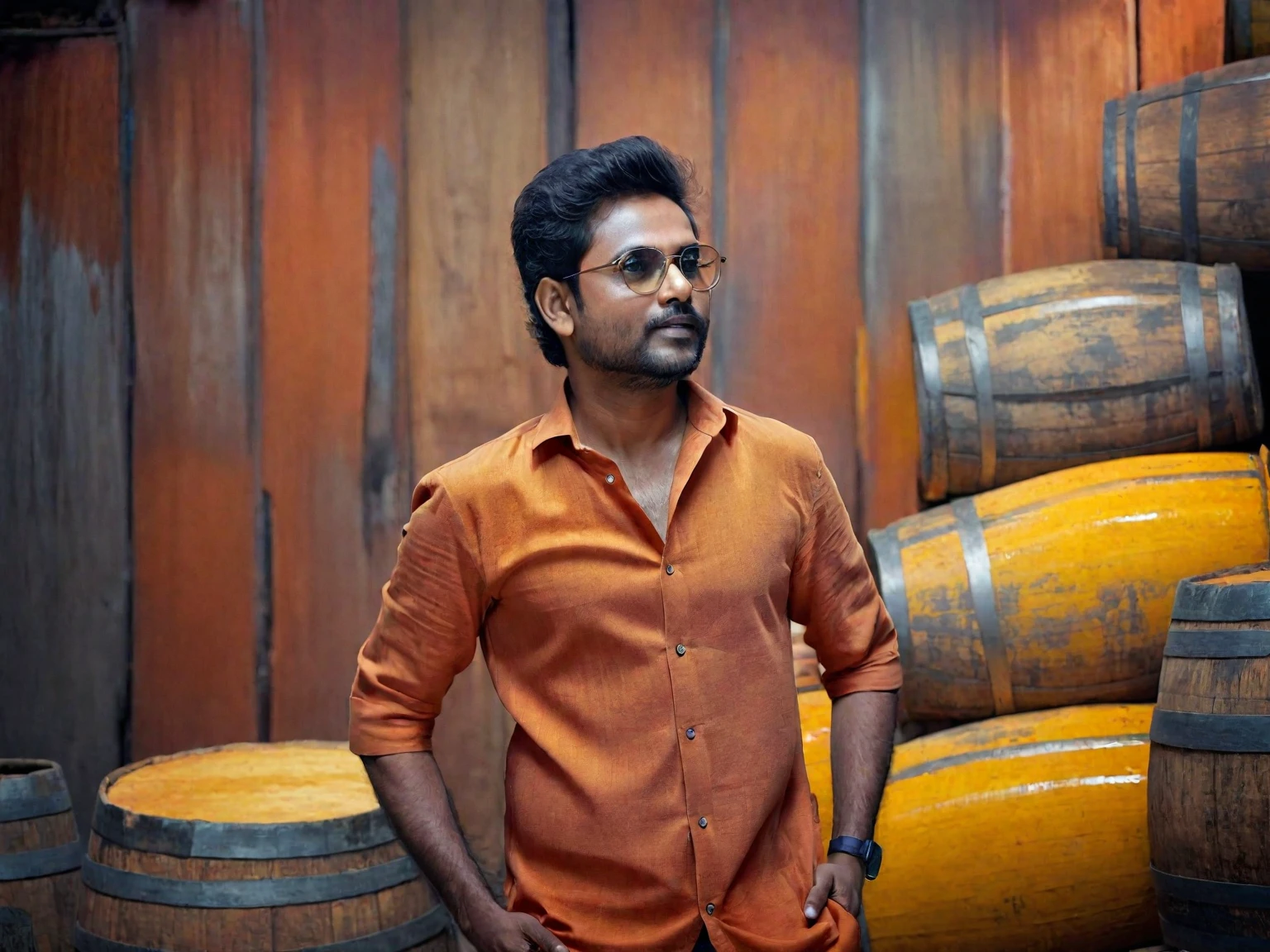 there is a man standing in front of a pile of barrels, jayison devadas style, jayison devadas, stylish pose, casual photography, shot on nikon z9, * colour splash *, portrait shot 8 k, taken with sony alpha 9, portrait mode photo, ayan nag, with lovely look, candid picture, wearing an orange t shirt, very artistic pose