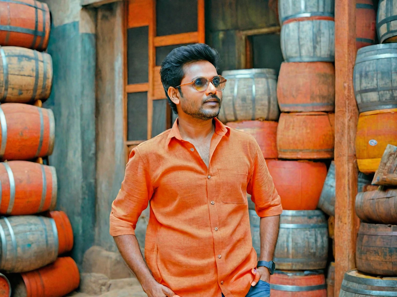 there is a man standing in front of a pile of barrels, jayison devadas style, jayison devadas, stylish pose, casual photography, shot on nikon z9, * colour splash *, portrait shot 8 k, taken with sony alpha 9, portrait mode photo, ayan nag, with lovely look, candid picture, wearing an orange t shirt, very artistic pose